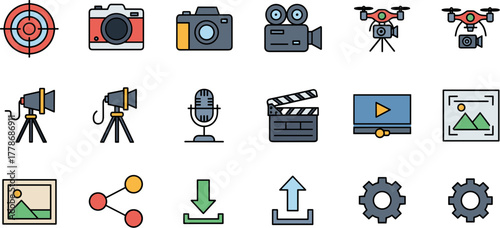 Vector icon set for content creation and digital media.