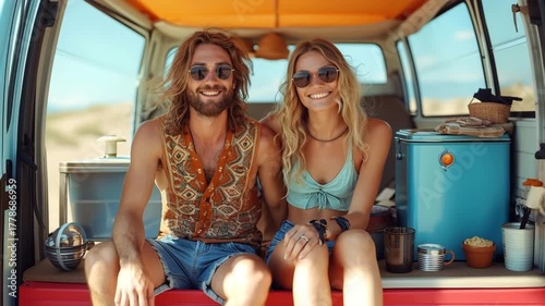 Video of happy young hippie couple traveling with vintage van on beach on road trip vacation.Slow motion zoom out.AI Generative.