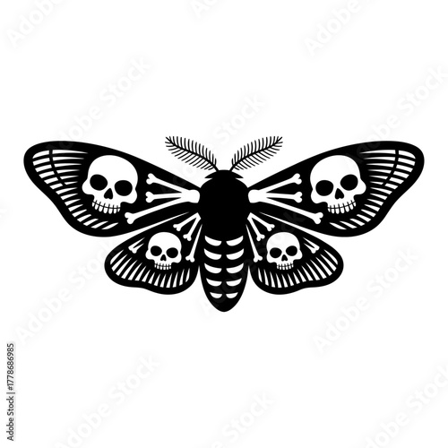 black and white silhouette vector of skeletal moth with skull patterns on wings gothic horror design