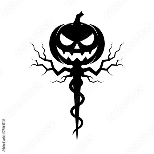 black and white silhouette vector of demonic pumpkin head with lightning branches halloween horror design