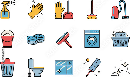 Colorful line art icon set for cleaning and household chores.