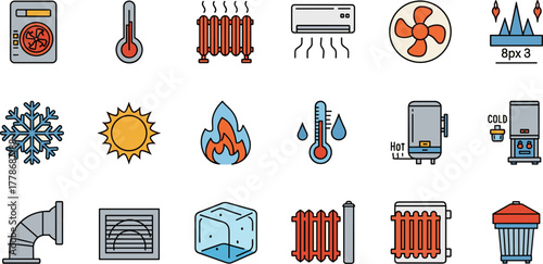 Colorful line icon set for heating ventilation and air conditioning systems.