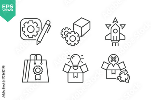 Set Of Product Development Icons. Contains such icons as Concept, Idea, Design, Strategy, Planning, Prototype, Teamwork, Innovation. stock illustration stock illustration