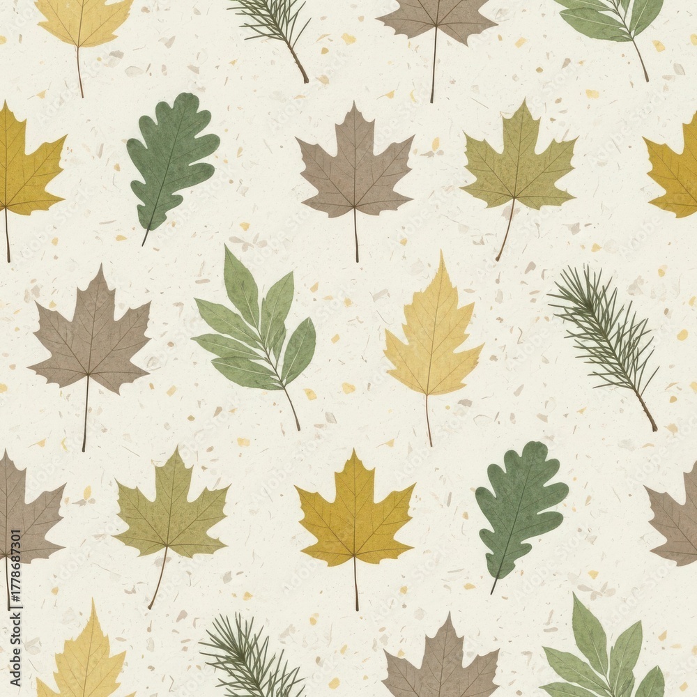 Fototapeta premium Autumn leaves seamless pattern featuring maple, oak, and pine leaves in various shades of green, yellow, and brown on a beige background