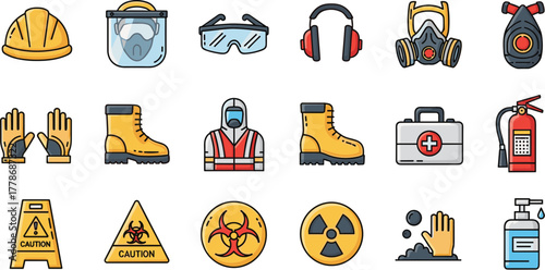 Colorful icon set of personal protective equipment and workplace safety symbols.