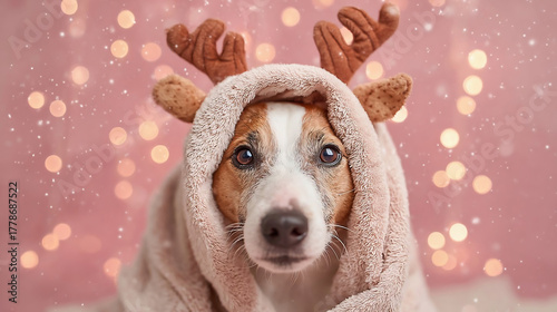 dog wearing reindeer antlers and cozy blanket on pink festive background. dog dressed in reindeer antlers and wrapped in a soft fleece blanket.
