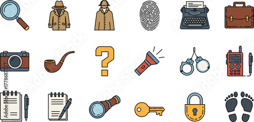 A colorful set of hand-drawn doodle icons related to detective work and investigation.