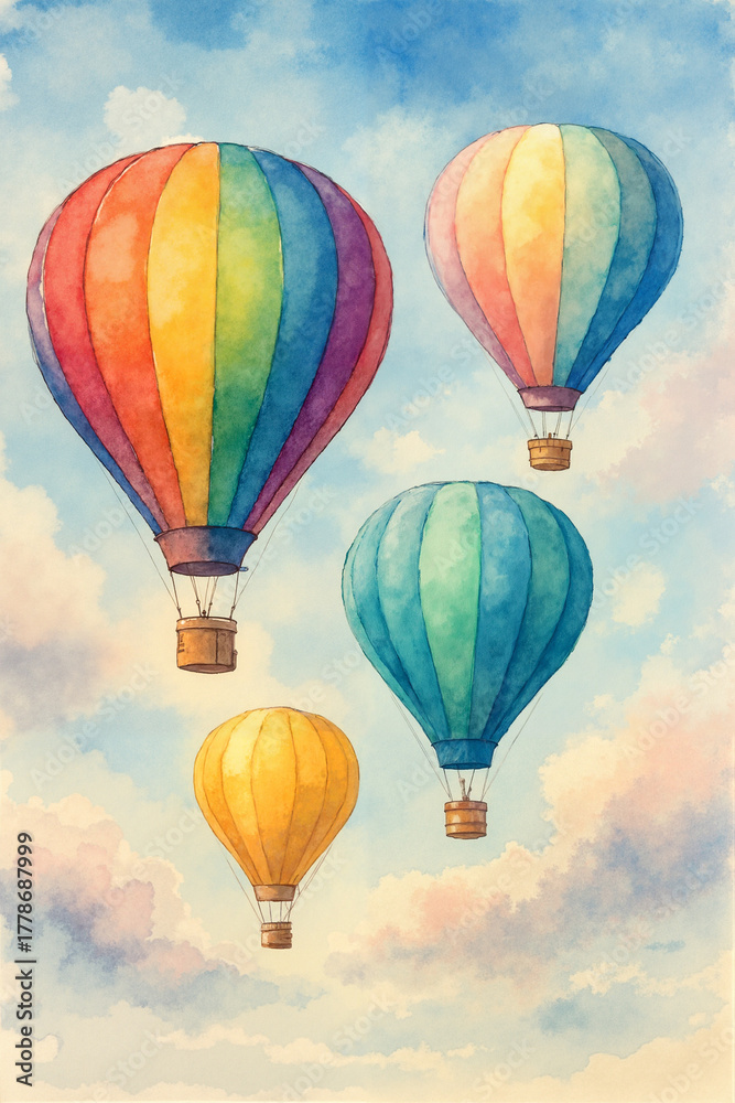 Naklejka premium Colorful Hot Air Balloons Floating in Sky, Watercolor Illustration for Travel, Adventure, and Dreamy Backgrounds, Perfect for Posters and Greeting Cards