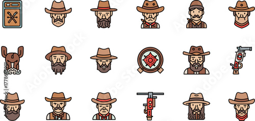 Wild West icon set featuring cowboys sheriffs and western elements.