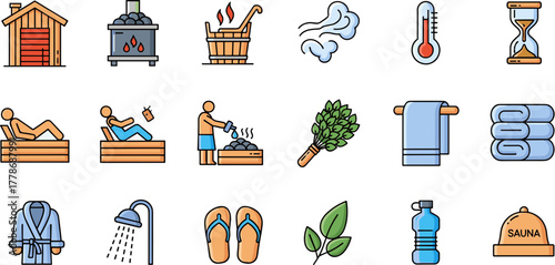 Sauna and Steam Room Relaxation Vector Icon Set.