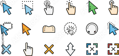 Collection of colorful computer mouse cursor and pointer icons.