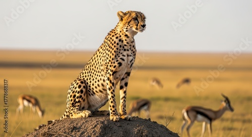 Fototapeta Naklejka Na Ścianę i Meble -  Cheetah observing prey on african savanna at sunset