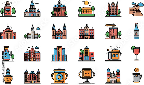 Colorful Flat Line Icon Set of Buildings and Leisure Objects.