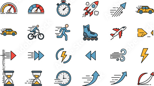 Colorful line icon set representing speed motion and time.