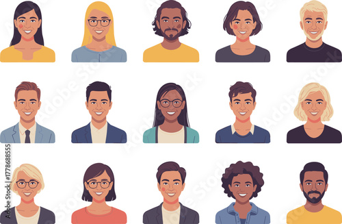 Set of Fifteen Diverse People Avatar and Headshot Vector Illustration Collection