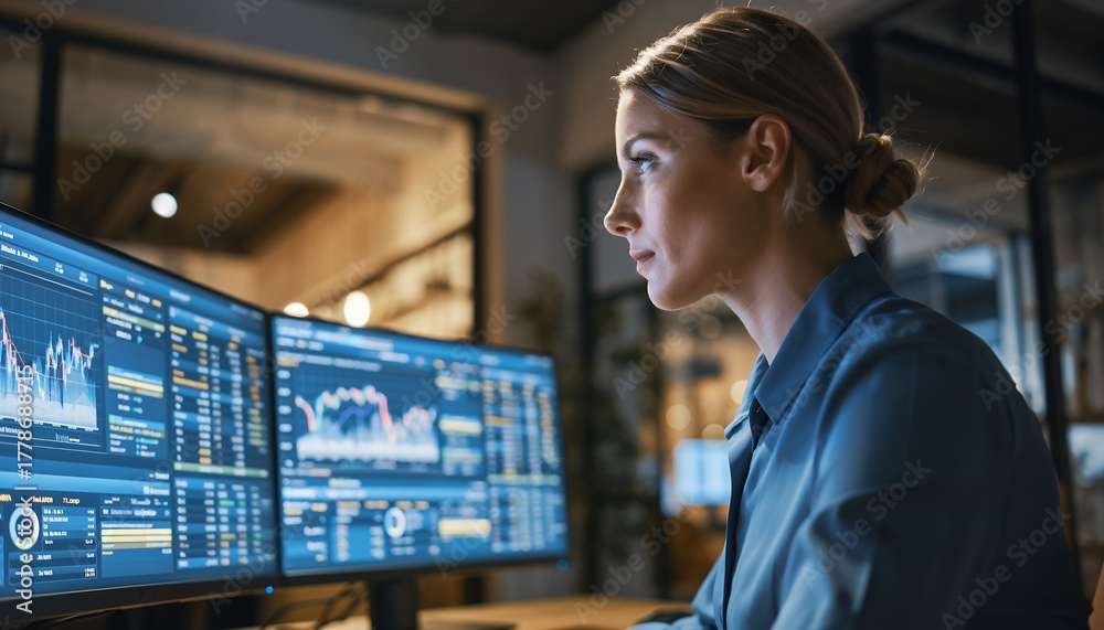 Fototapeta premium Focused female stock trader examining data on multiple screens, concept for financial analysis, investment strategies and market monitoring