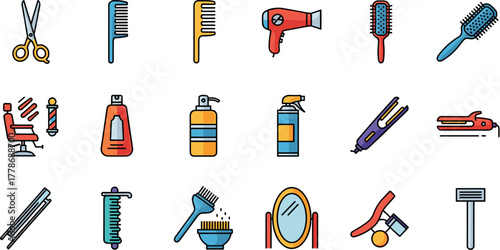 Colorful hair salon and barbershop equipment icon set.