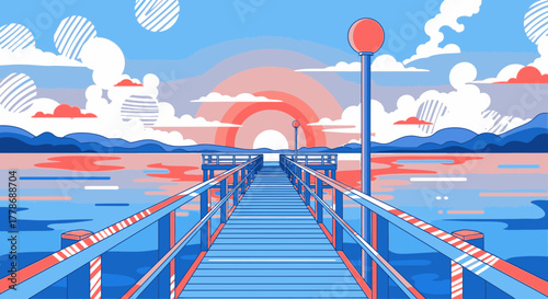 A graphic illustration of a wooden pier stretching over calm water towards a stylized sunset on the horizon.