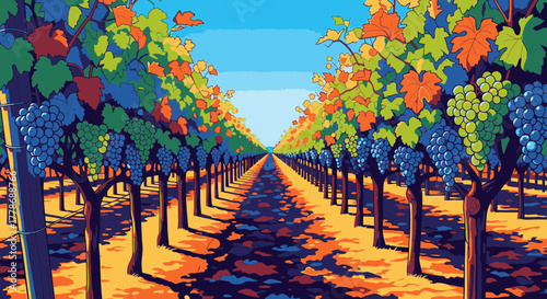 Endless rows of grapevines in a colorful vineyard with autumn foliage and ripe grapes.