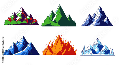 A collection of six stylized mountain icons, each depicting a different natural environment like fire, ice, forest, and rock.