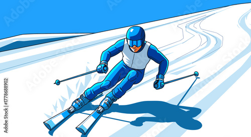 Illustration of a downhill skier in a blue and white suit racing down a snowy mountain slope.