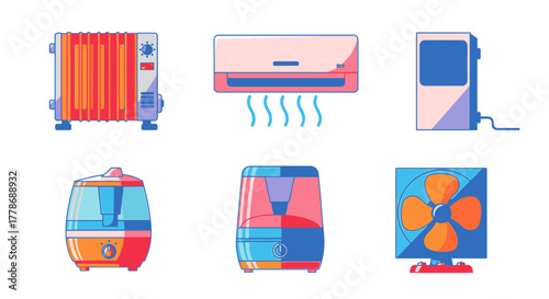A collection of household climate control appliances including a radiator, air conditioner, heater, humidifiers, and a fan, depicted in a flat vector style.