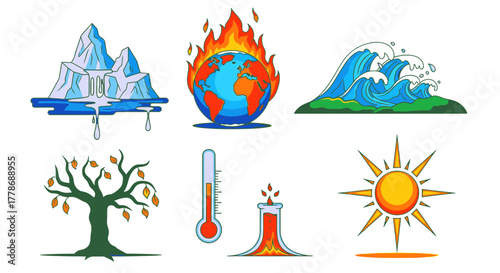 A collection of six icons illustrating the causes and effects of global warming and climate change.
