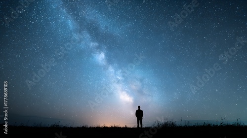 Silhouetted human observes vibrant band of stars across the dark night sky