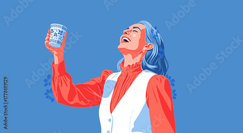 An illustration of a joyful woman with blue hair and a red shirt, holding up a can against a blue background.
