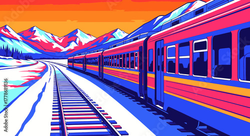 A colorful passenger train travels along a track through a snowy mountain landscape at sunset.
