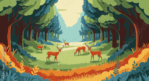 A stylized illustration of a herd of deer grazing peacefully in a vibrant, sunlit forest clearing.