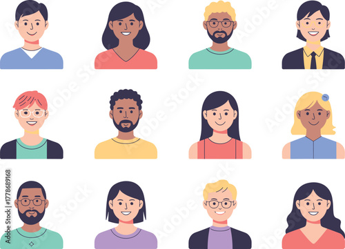 Set of Colorful Flat Style Diverse User Avatars for Social Media and Website Profile Vector