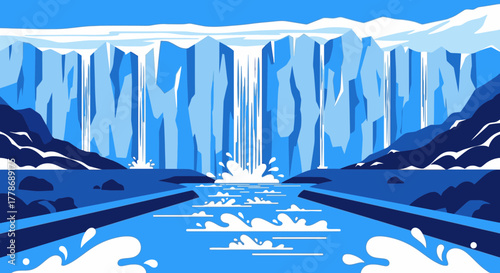 Dramatic waterfall cascades from a vast icy glacier into a flowing river in a stylized illustration.