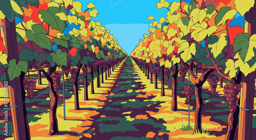 A vibrant, stylized illustration of a vineyard with rows of grapevines stretching into the distance under a clear blue sky.