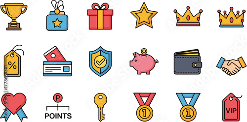Colorful outline icon set for rewards loyalty programs and achievements.