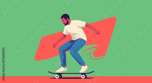 A graphic illustration of a young man in casual clothes riding a skateboard.