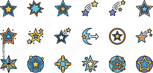 A diverse set of colorful star and celestial icons for graphic design.