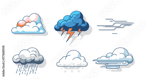 A collection of six vector illustrations depicting various weather conditions and cloud types.