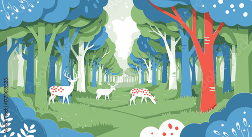 A whimsical forest scene with spotted deer grazing in a vibrant, stylized woodland illustration.