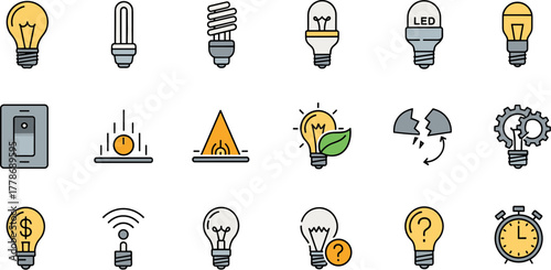 Set of colorful hand-drawn icons representing light bulbs energy and creative concepts.