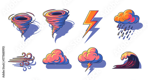 A collection of stylized weather phenomena icons, including tornado, lightning, rain, wind, clouds, and a large wave.