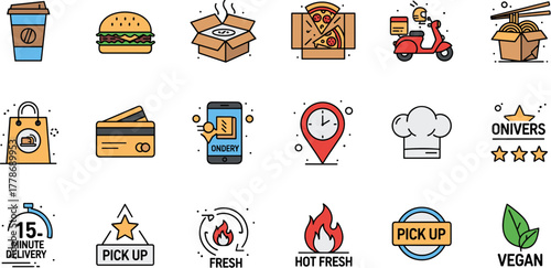 Colorful icon set for online food ordering and delivery service.