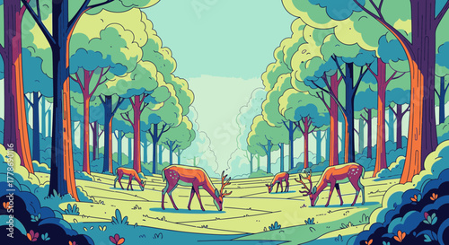 A colorful, stylized illustration of several deer grazing peacefully in a sunlit forest clearing surrounded by tall trees.