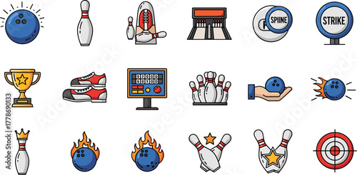 Set of colorful bowling icons and symbols for game and competition.