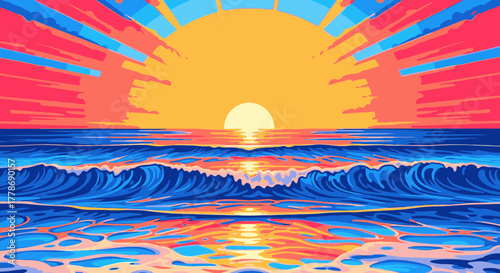 A vibrant and colorful graphic illustration of a dramatic sunset over the ocean with stylized waves and reflections.