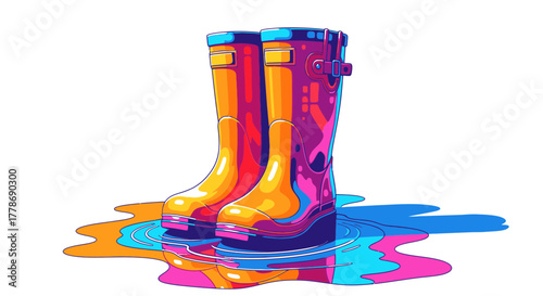 A pair of vibrant, futuristic rain boots standing in a puddle of colorful, reflective liquid against a clean white background.