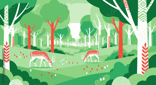 A stylized illustration of two spotted deer grazing in a lush green forest with decorative, patterned trees.