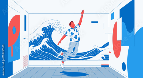 A man joyfully leaps inside an art gallery room with a giant wave mural on the wall.