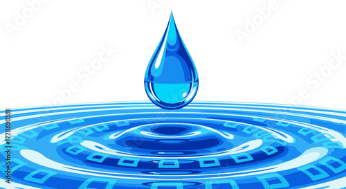 A single perfect blue water droplet is suspended in the air above stylized digital ripples on a white background.