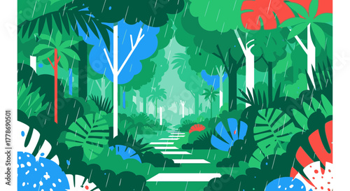 A vibrant, stylized illustration of a path winding through a lush, rainy jungle.